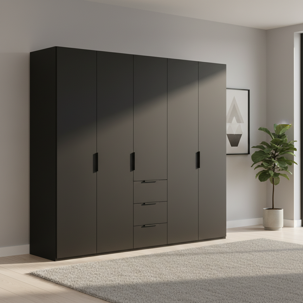 Rauch Heaven 250cm 5 Door Combi Wardrobe with Décor Doors in Black styled in a modern bedroom