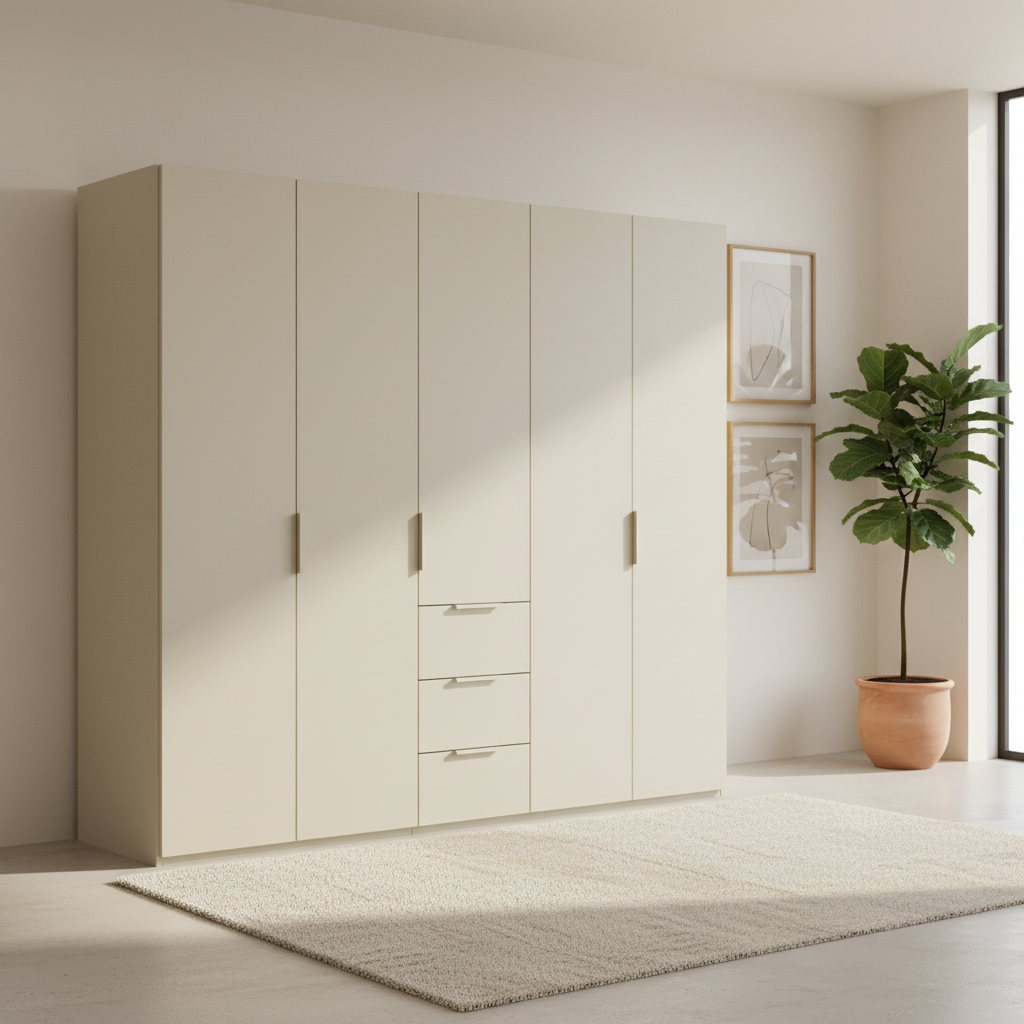 Rauch Heaven 250cm 5 Door Combi Wardrobe with Décor Doors in Champagne styled in a modern bedroom