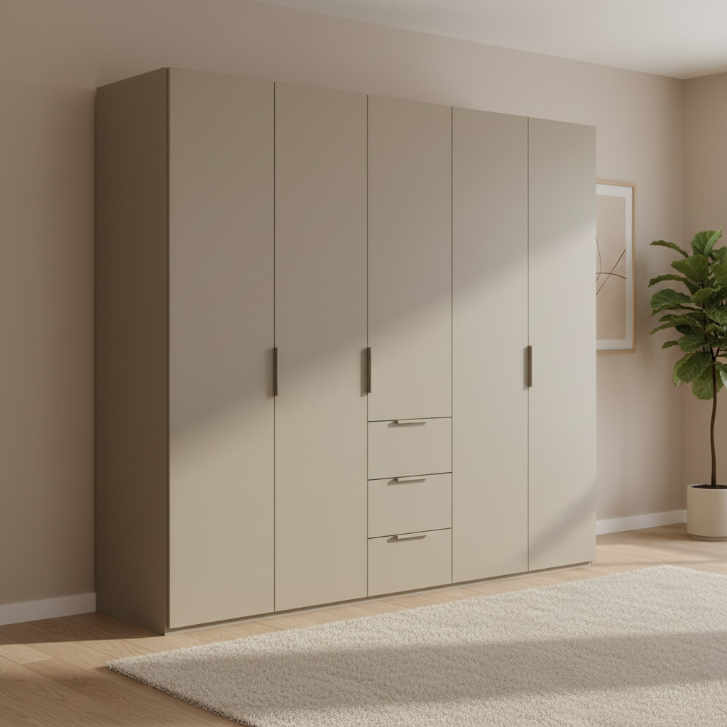 Rauch Heaven 250cm 5 Door Combi Wardrobe with Décor Doors in Fango styled in a modern bedroom