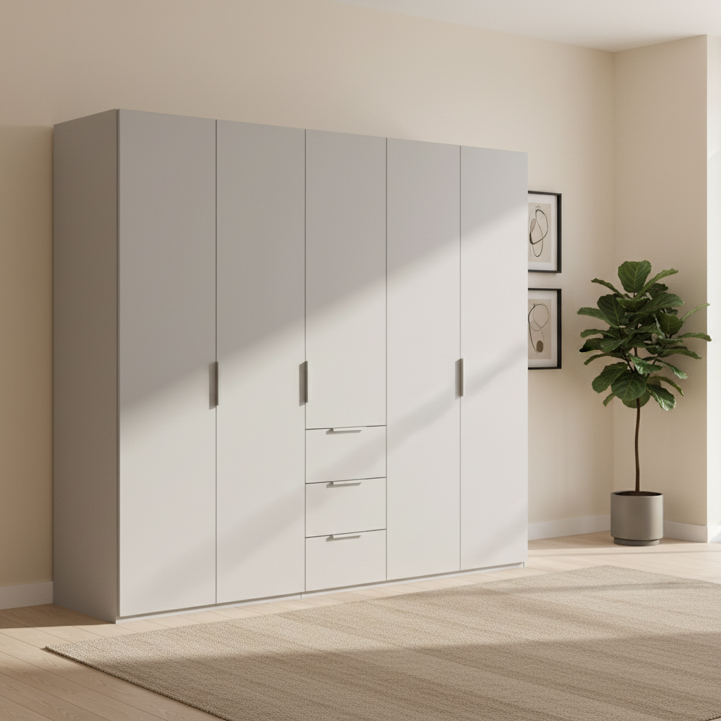 Rauch Heaven 250cm 5 Door Combi Wardrobe with Décor Doors in Silk Grey styled in a modern bedroom