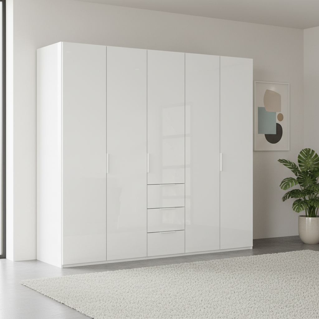 Rauch Heaven 250cm 5 Door Combi Wardrobe with Glass Doors in Alpine White styled in a modern bedroom