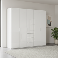 Rauch Heaven 250cm 5 Door Combi Wardrobe with Glass Doors in Alpine White styled in a modern bedroom