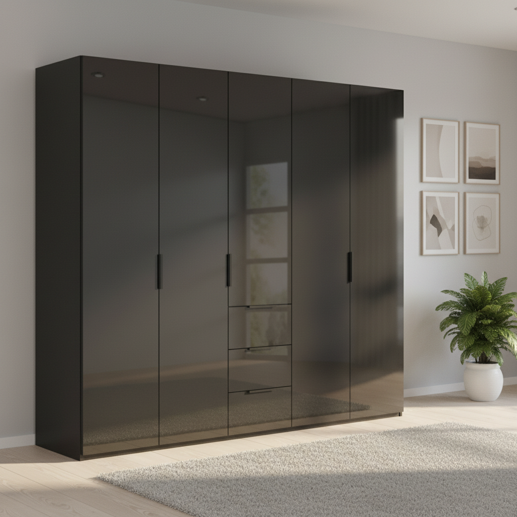 Rauch Heaven 250cm 5 Door Combi Wardrobe with Glass Doors in Black styled in a modern bedroom