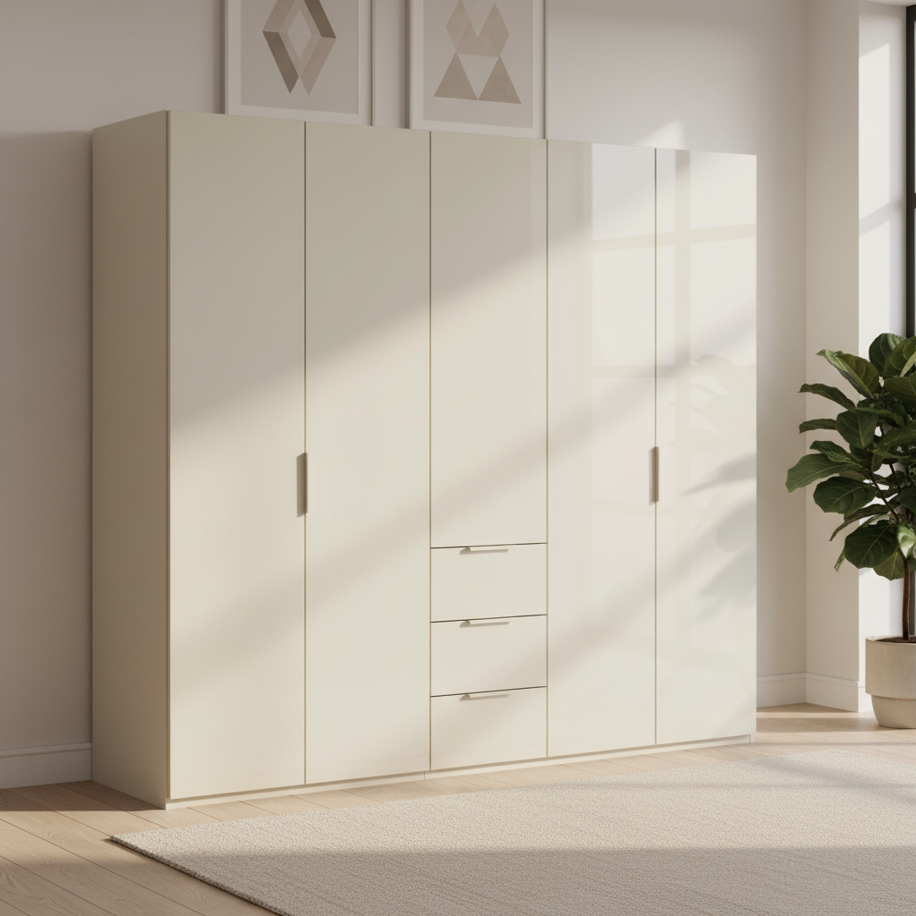 Rauch Heaven 250cm 5 Door Combi Wardrobe with Glass Doors in Champagne styled in a modern bedroom