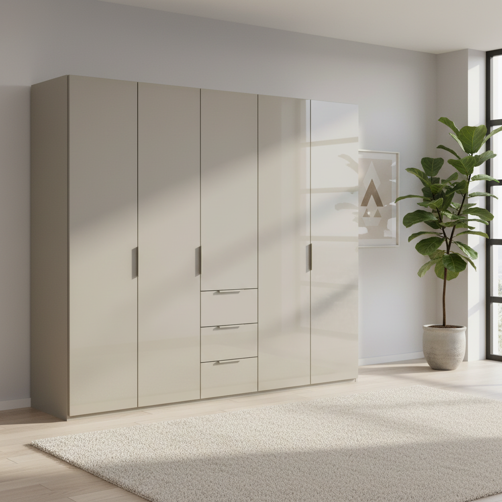 Rauch Heaven 250cm 5 Door Combi Wardrobe with Glass Doors in Fango styled in a modern bedroom
