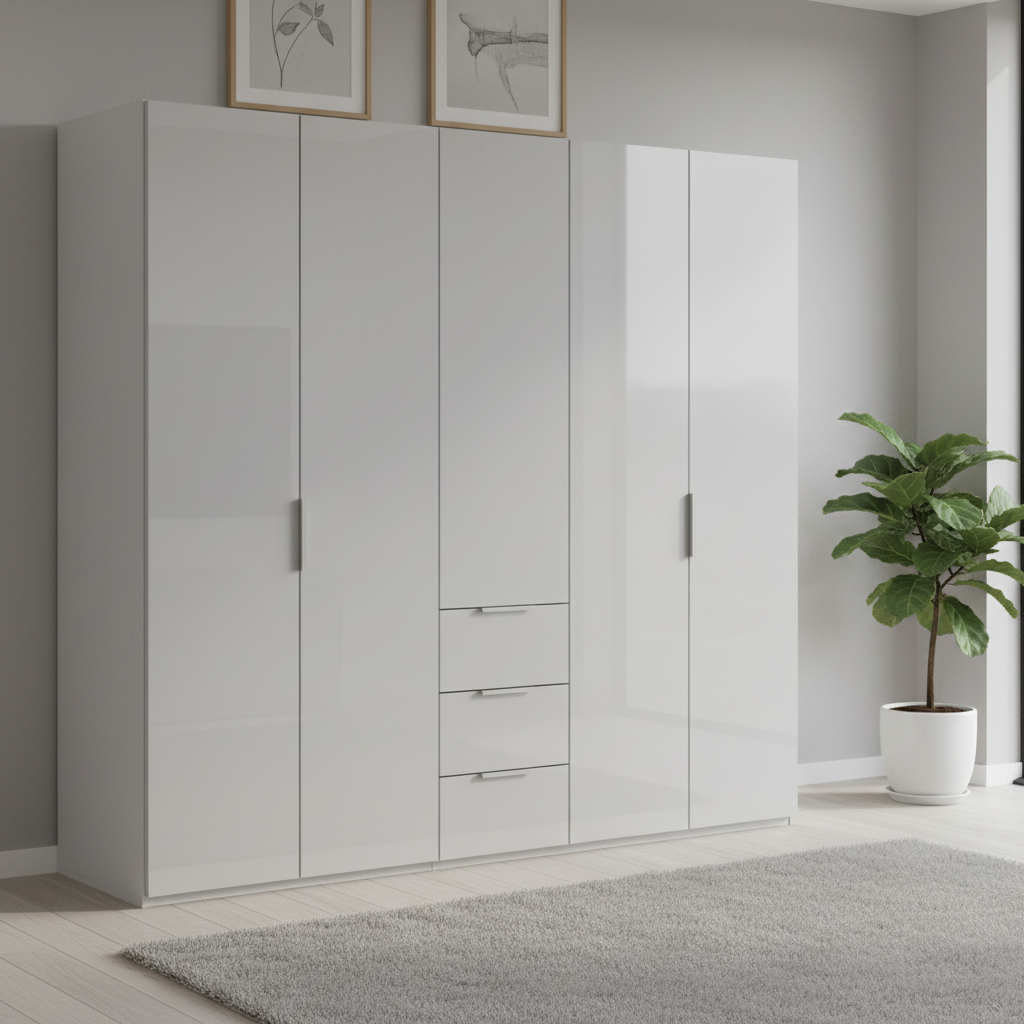 Rauch Heaven 250cm 5 Door Combi Wardrobe with Glass Doors in Silk Grey styled in a modern bedroom