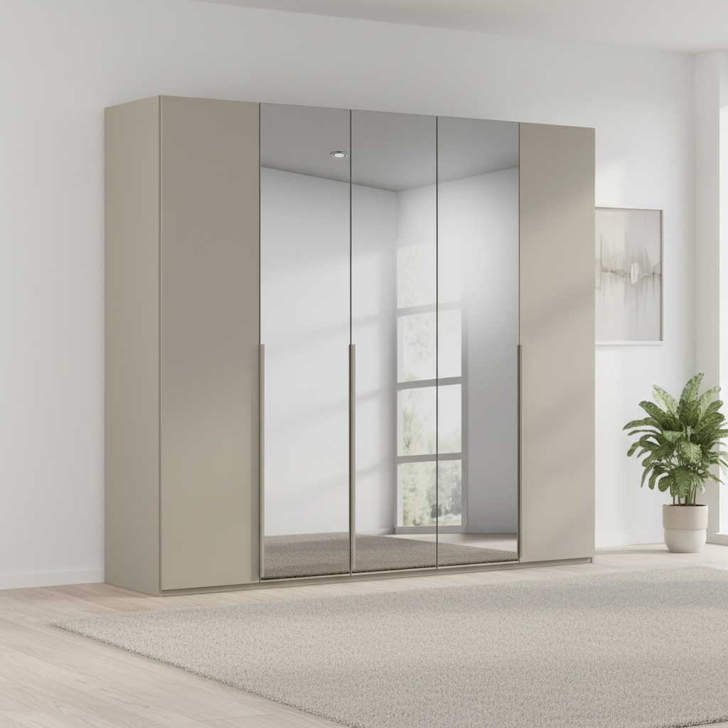 Rauch Heaven 251cm 5 Door Hinged Wardrobe with 2 Glass Doors and 3 Mirror Doors in Fango styled in a modern bedroom