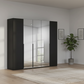 Rauch Heaven 251cm 5 Door Hinged Wardrobe with 2 Glass Doors and 3 Mirror Doors in Black styled in a modern bedroom