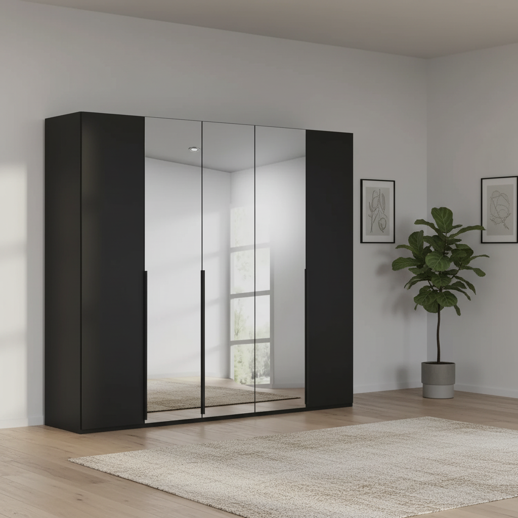 Rauch Heaven 251cm 5 Door Hinged Wardrobe with 2 Glass Doors and 3 Mirror Doors in Black styled in a modern bedroom