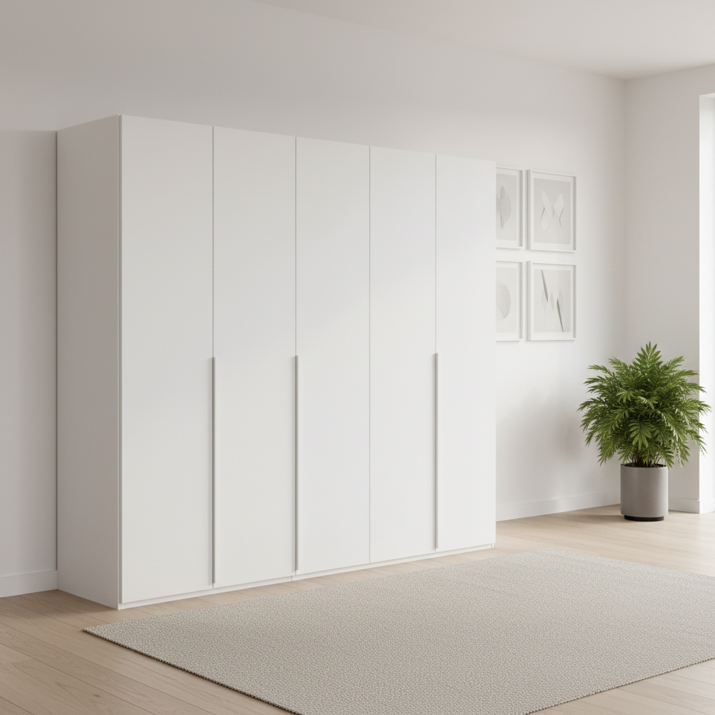Rauch Heaven 251cm 5 Door Hinged Wardrobe with Décor Doors in White styled in a modern bedroom