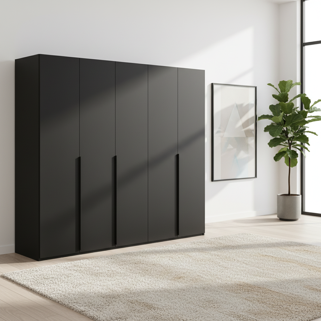Rauch Heaven 251cm 5 Door Hinged Wardrobe with Décor Doors in black styled in a modern bedroom