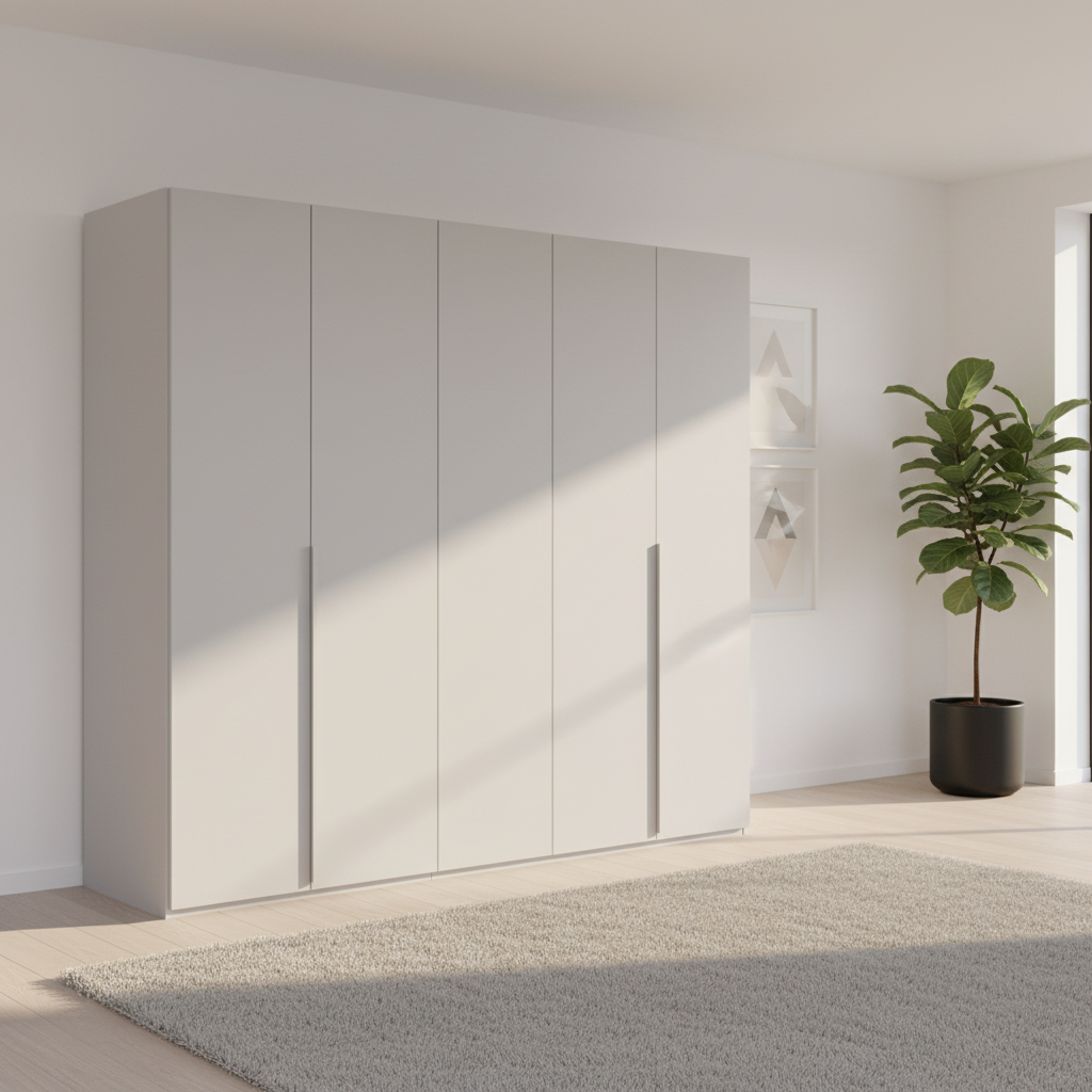 Rauch Heaven 251cm 5 Door Hinged Wardrobe with Décor Doors in Silk Grey styled in a modern bedroom