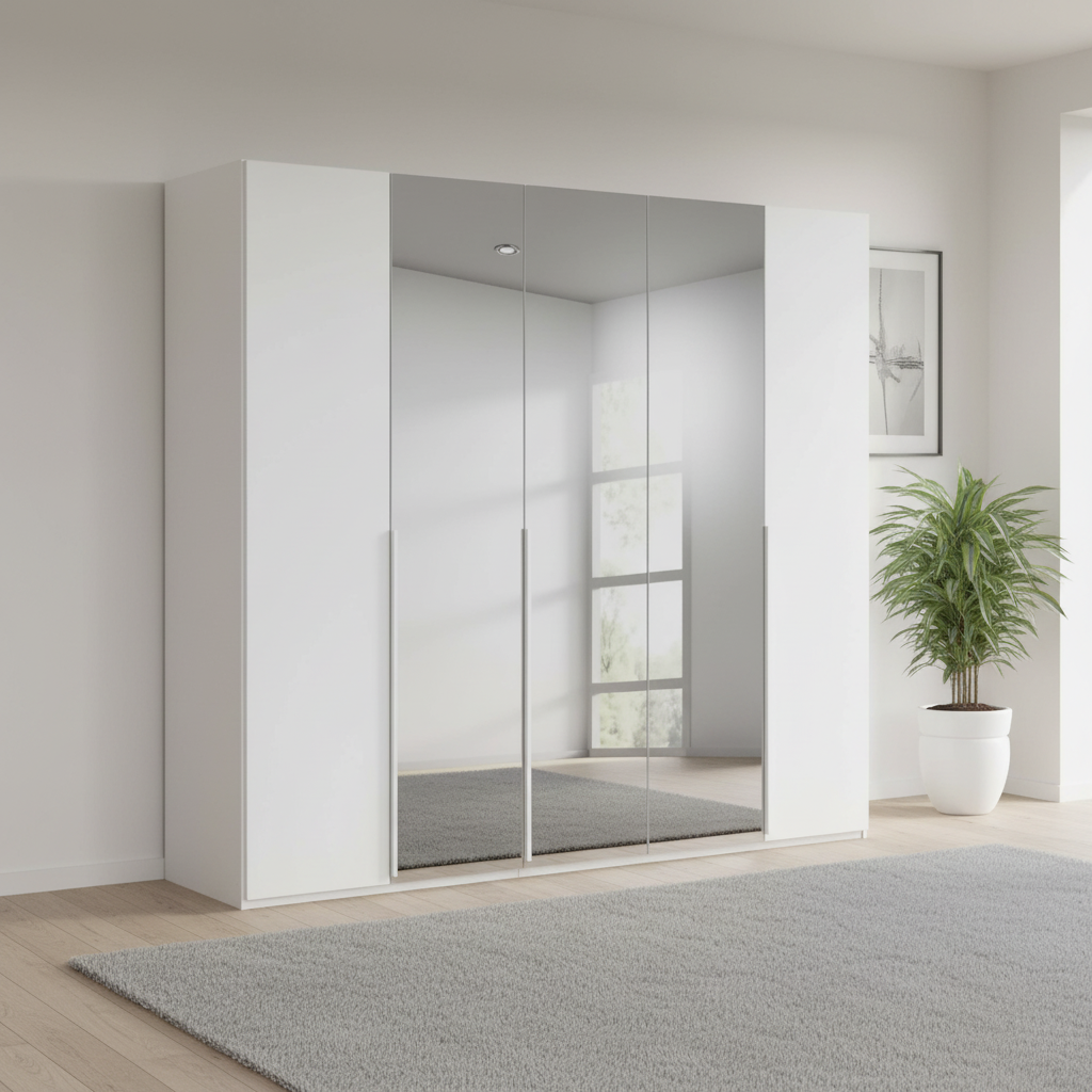 Rauch Heaven 251cm 5 Door Hinged Wardrobe with 2 Glass Doors and 3 Mirror Doors in White styled in a modern bedroom