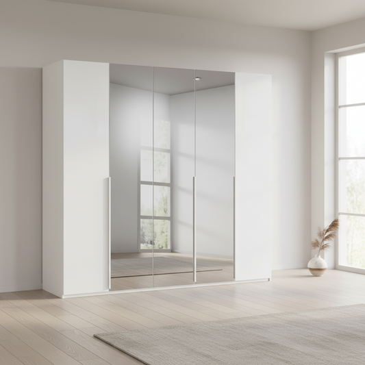 Rauch Heaven 250cm 5 Door Hinged Wardrobe with 2 Décor Doors and 3 Mirror Doors in Alpine White styled in a modern bedroom