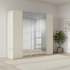 Rauch Heaven 251cm 5 Door Hinged Wardrobe with 2 Glass Doors and 3 Mirror Doors in Champagne styled in a modern bedroom