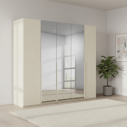 Rauch Heaven 251cm 5 Door Hinged Wardrobe with 2 Glass Doors and 3 Mirror Doors in Champagne styled in a modern bedroom