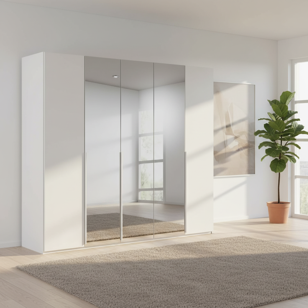 Rauch Heaven 251cm 5 Door Hinged Wardrobe with 2 Glass Doors and 3 Mirror Doors in Silk Grey styled in a modern bedroom