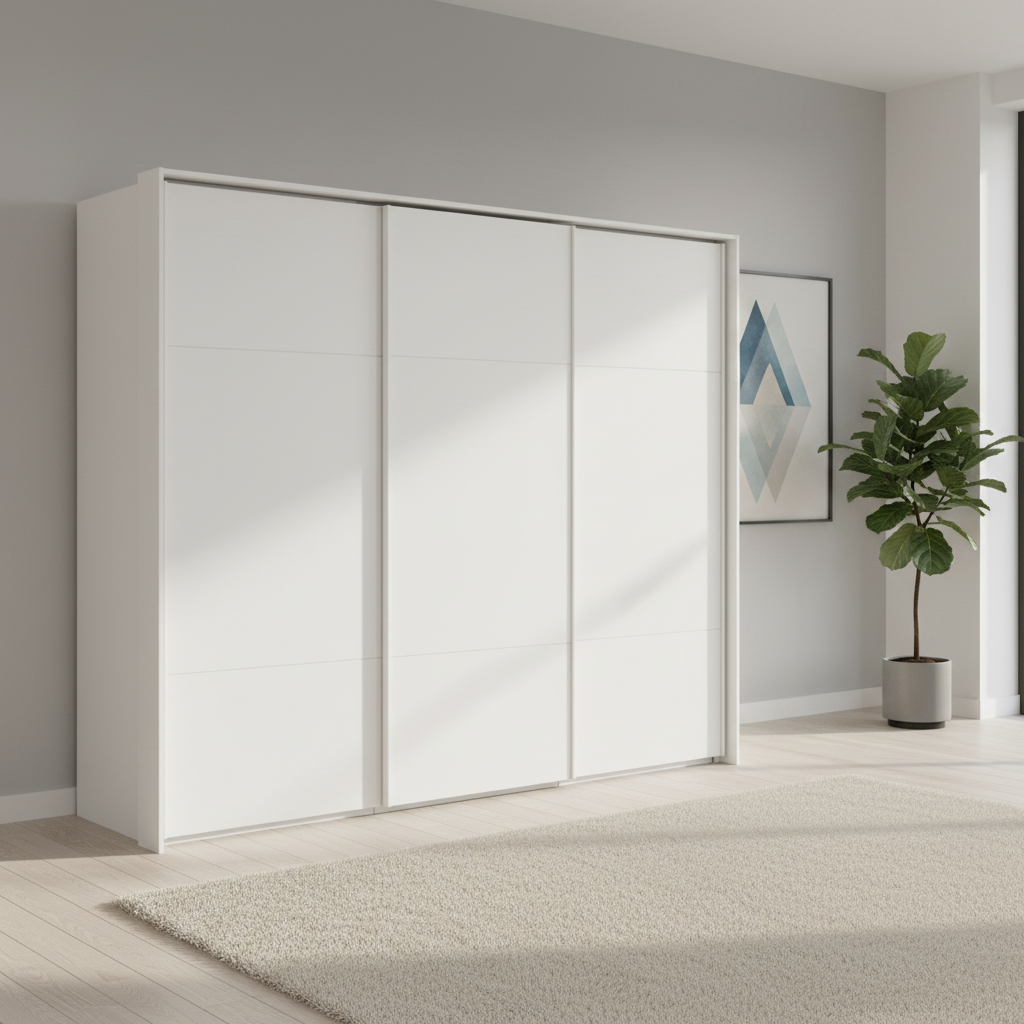 Rauch Heaven 270cm 3 Door Slider Wardrobe with Décor Doors in Alpine White styled in a modern bedroom