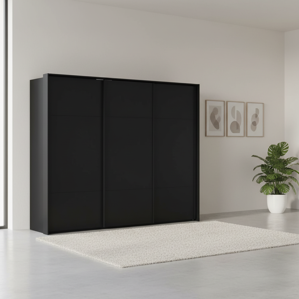 Rauch Heaven 270cm 3 Door Slider Wardrobe with Décor Doors in Black styled in a modern bedroom