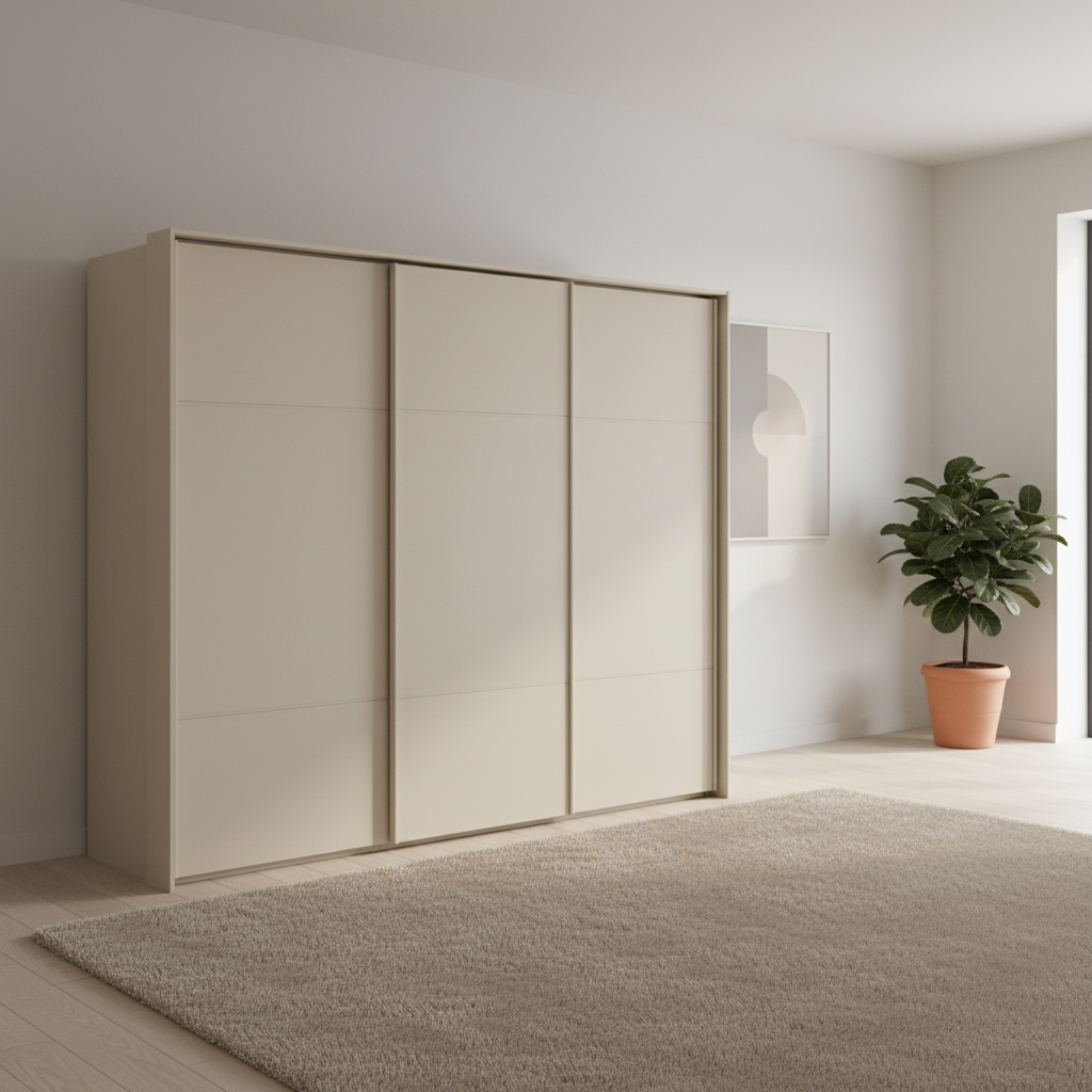 Rauch Heaven 270cm 3 Door Slider Wardrobe with Décor Doors in Champagne styled in a modern bedroom