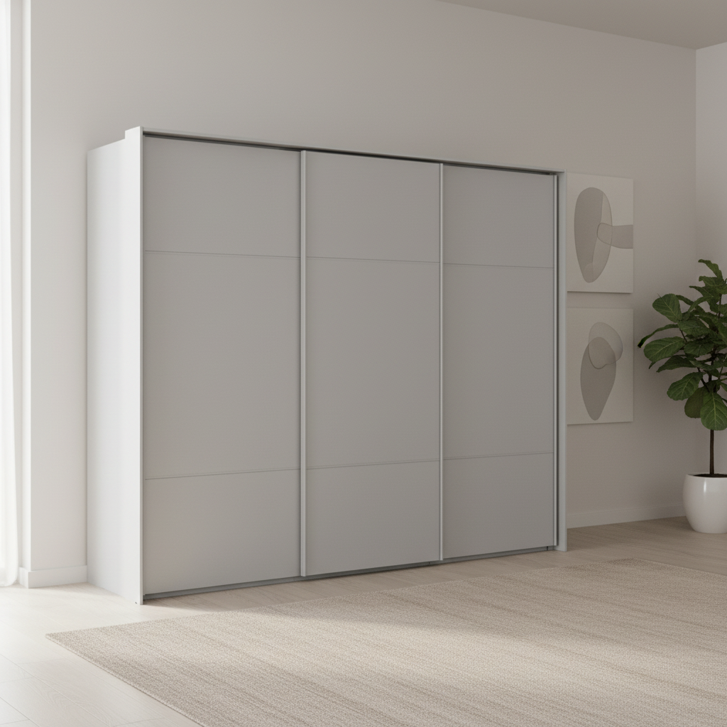 Rauch Heaven 270cm 3 Door Slider Wardrobe with Décor Doors in Silk Grey styled in a modern bedroom