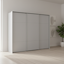 Rauch Heaven 270cm 3 Door Slider Wardrobe with Décor Doors in Silk Grey styled in a modern bedroom