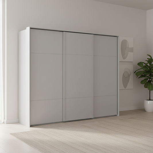 Rauch Heaven 270cm 3 Door Slider Wardrobe with Décor Doors in Silk Grey styled in a modern bedroom