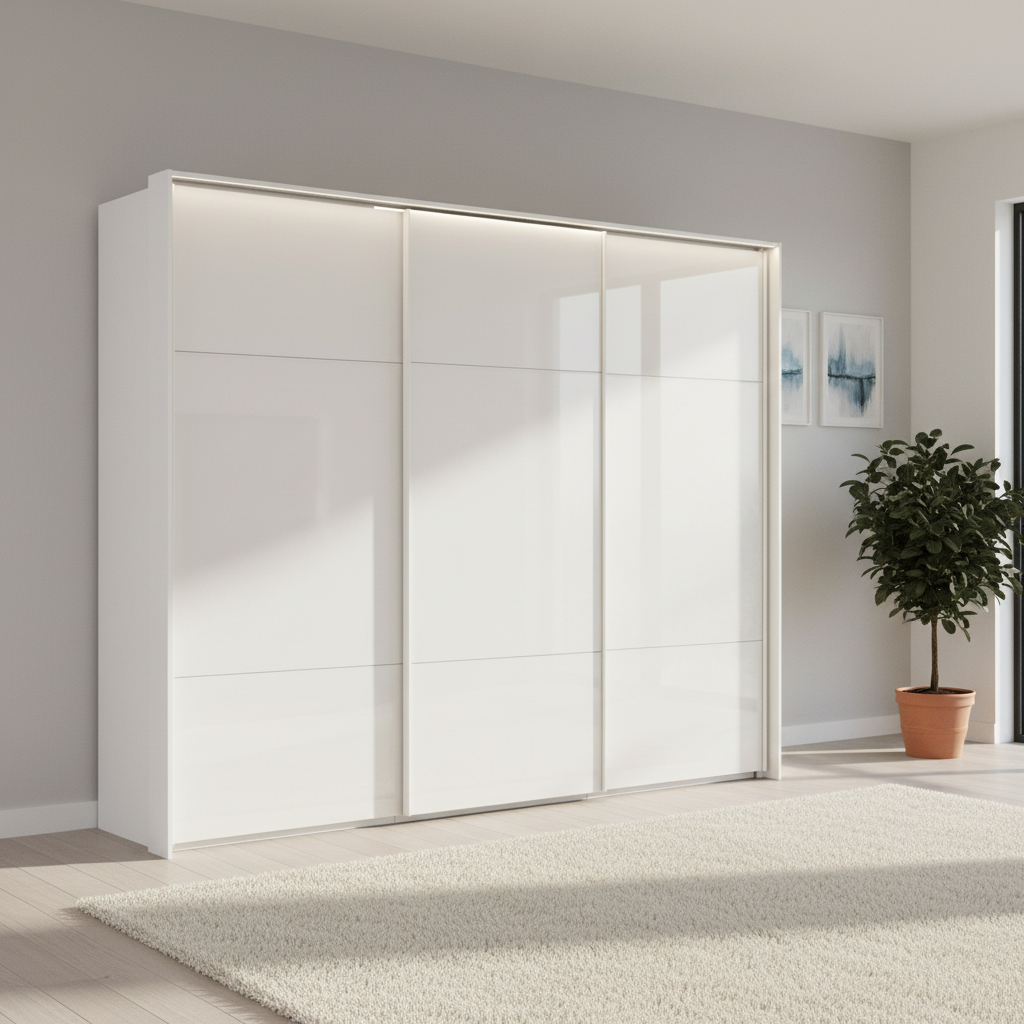 Rauch Heaven 270cm 3 Door Slider Wardrobe with Glass Doors & Lights in Alpine White styled in a modern bedroom
