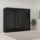 Rauch Heaven 270cm 3 Door Slider Wardrobe with Glass Doors & Lights in Black styled in a modern bedroom

