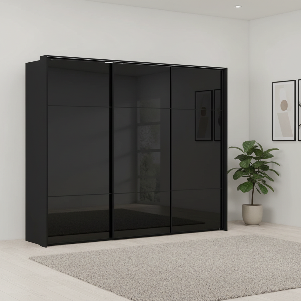 Rauch Heaven 270cm 3 Door Slider Wardrobe with Glass Doors & Lights in Black styled in a modern bedroom
