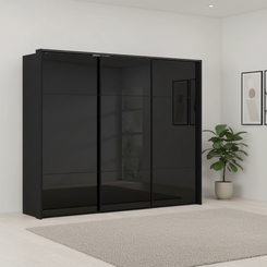 Rauch Heaven 270cm 3 Door Slider Wardrobe with Glass Doors & Lights in Black styled in a modern bedroom
