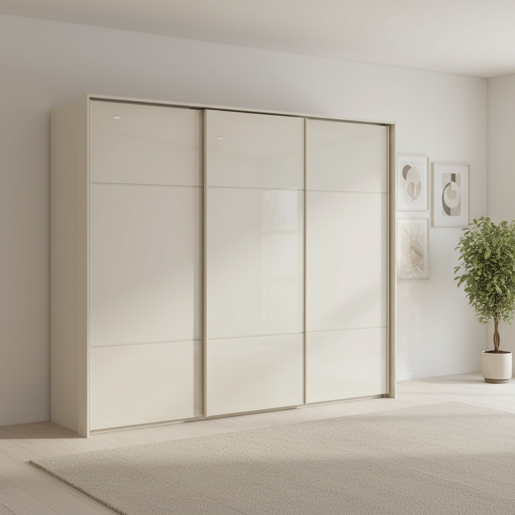 Rauch Heaven 270cm 3 Door Slider Wardrobe with Glass Doors & Lights in Champagne styled in a modern bedroom
