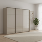 Rauch Heaven 270cm 3 Door Slider Wardrobe with Glass Doors & Lights in Fango styled in a modern bedroom
