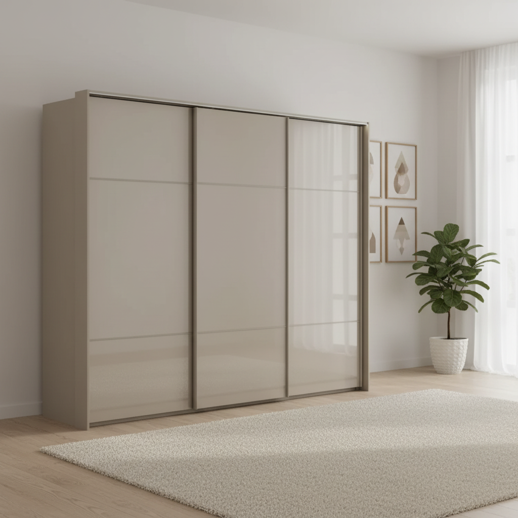 Rauch Heaven 270cm 3 Door Slider Wardrobe with Glass Doors & Lights in Fango styled in a modern bedroom
