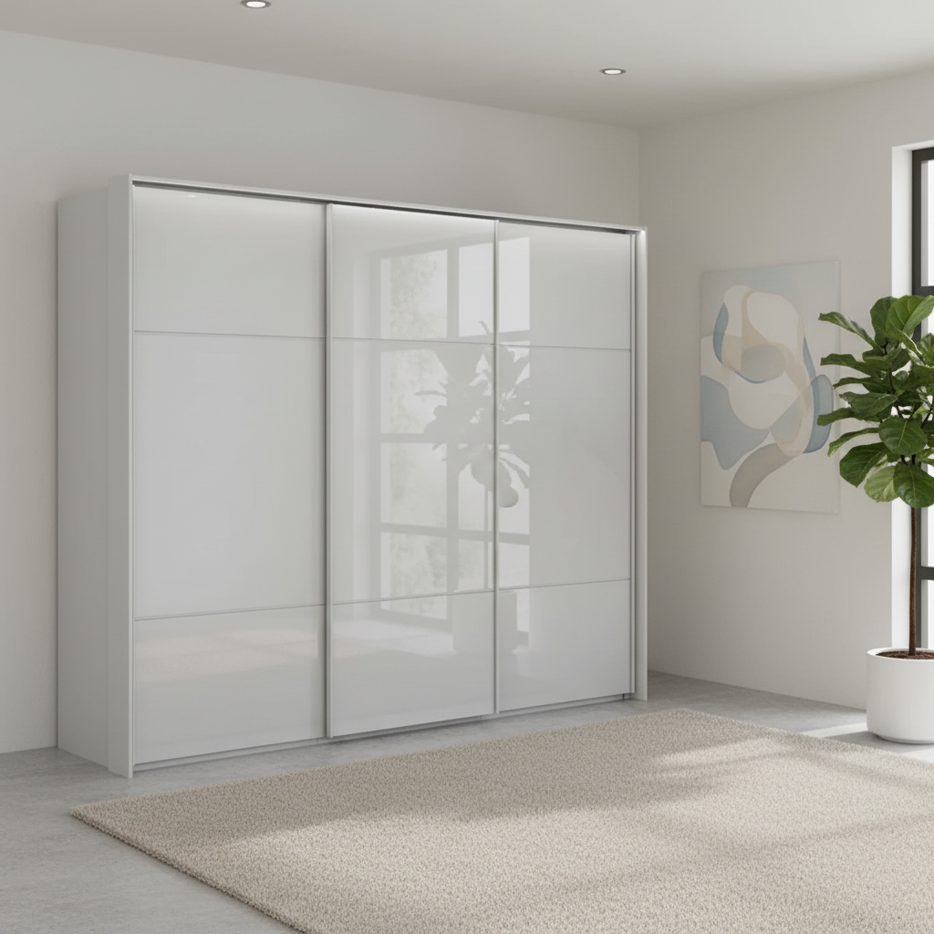 Rauch Heaven 270cm 3 Door Slider Wardrobe with Glass Doors & Lights in Silk Grey styled in a modern bedroom

