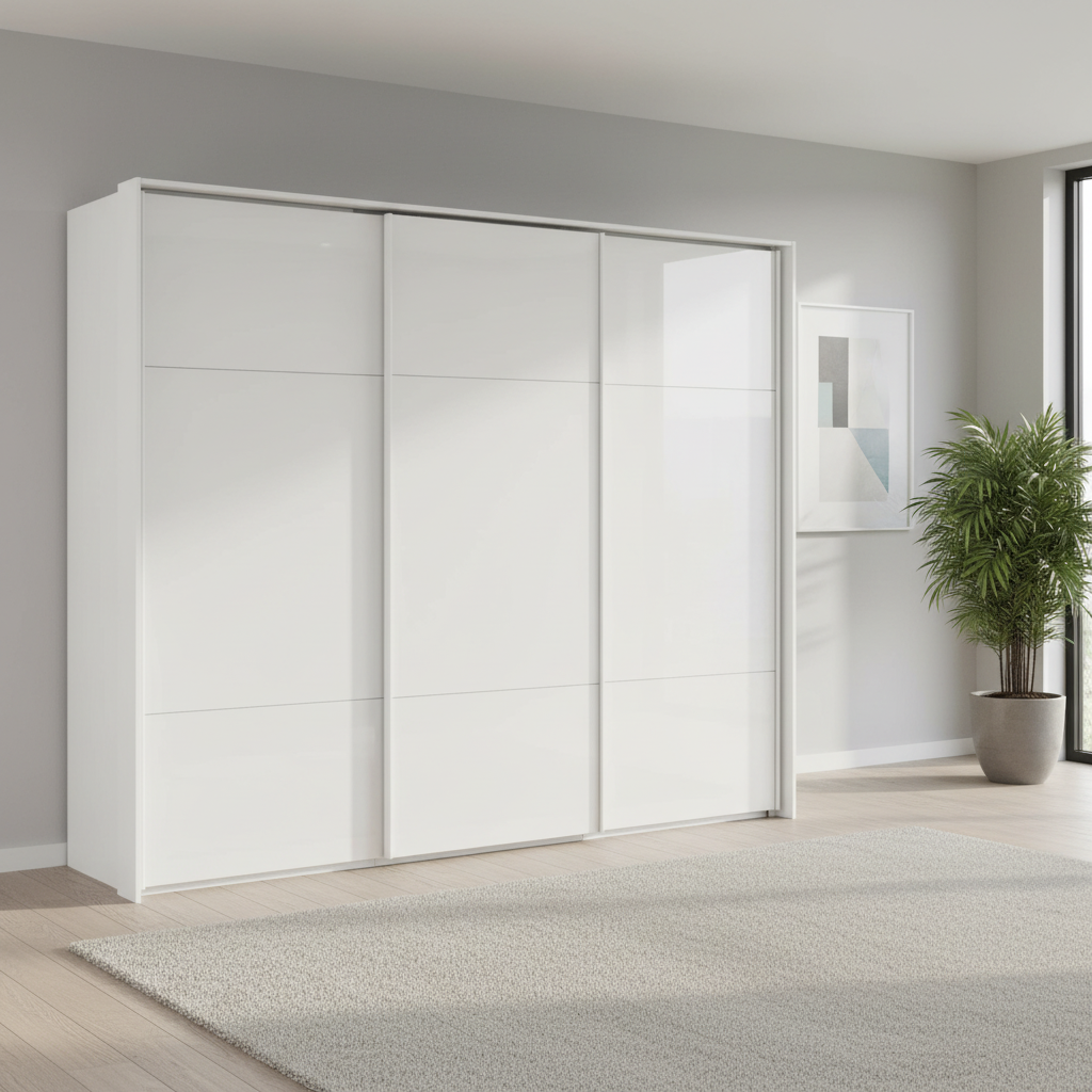 Rauch Heaven 270cm 3 Door Slider Wardrobe with Glass Doors in Alpine White styled in a modern bedroom