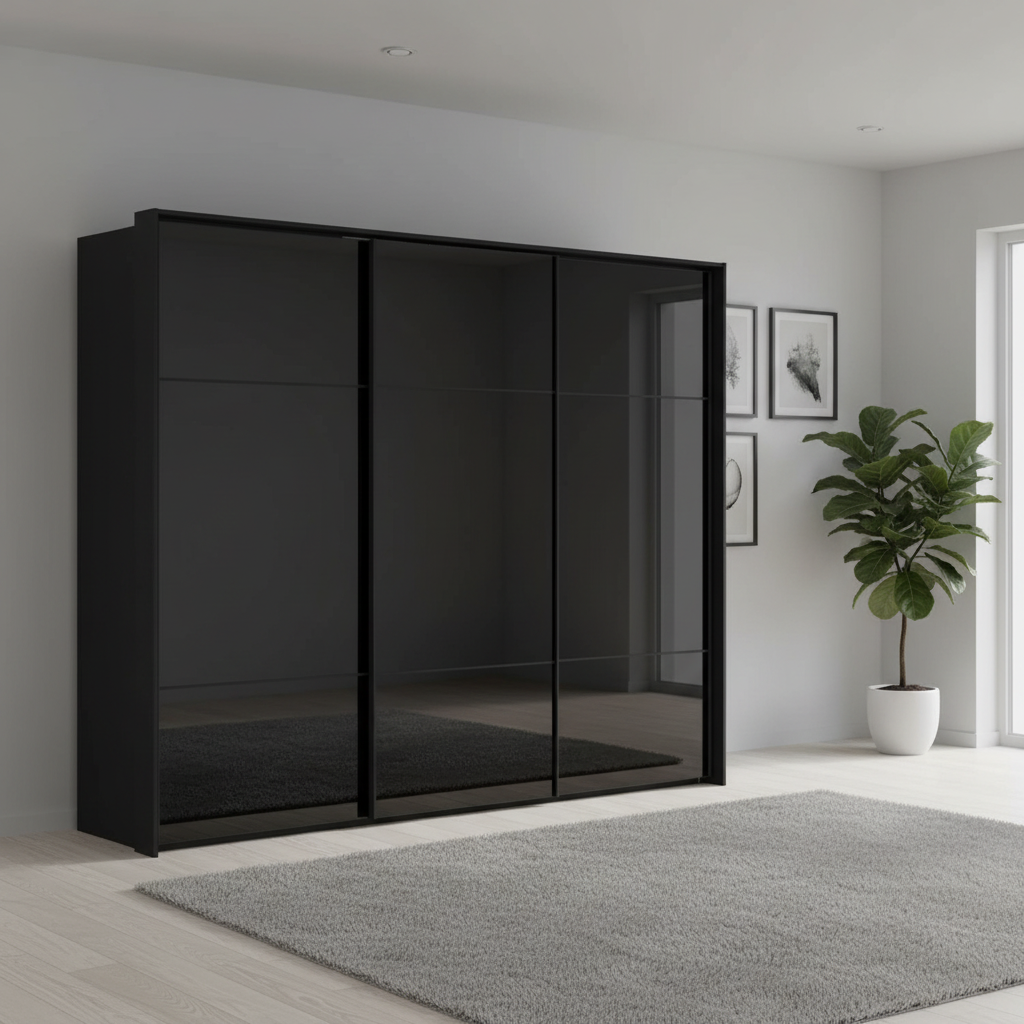 Rauch Heaven 270cm 3 Door Slider Wardrobe with Glass Doors in Black styled in a modern bedroom