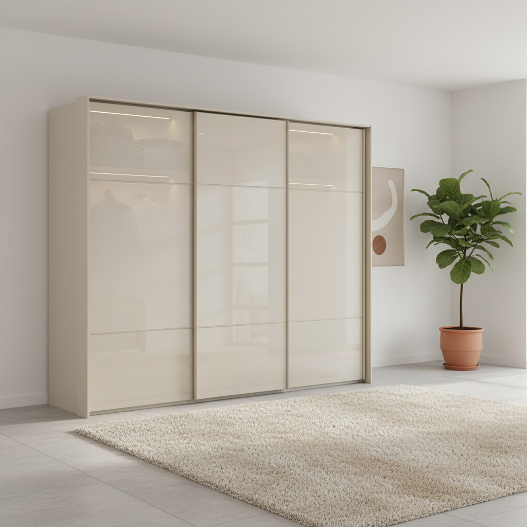 Rauch Heaven 270cm 3 Door Slider Wardrobe with Glass Doors in Champagne styled in a modern bedroom