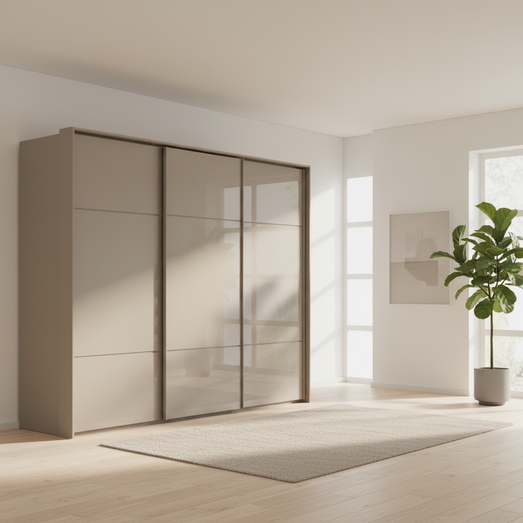 Rauch Heaven 270cm 3 Door Slider Wardrobe with Glass Doors in Fango styled in a modern bedroom