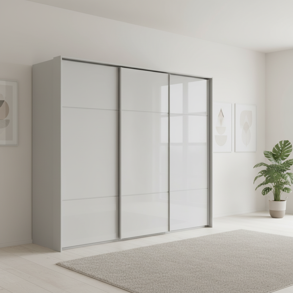 Rauch Heaven 270cm 3 Door Slider Wardrobe with Glass Doors in Silk Grey styled in a modern bedroom