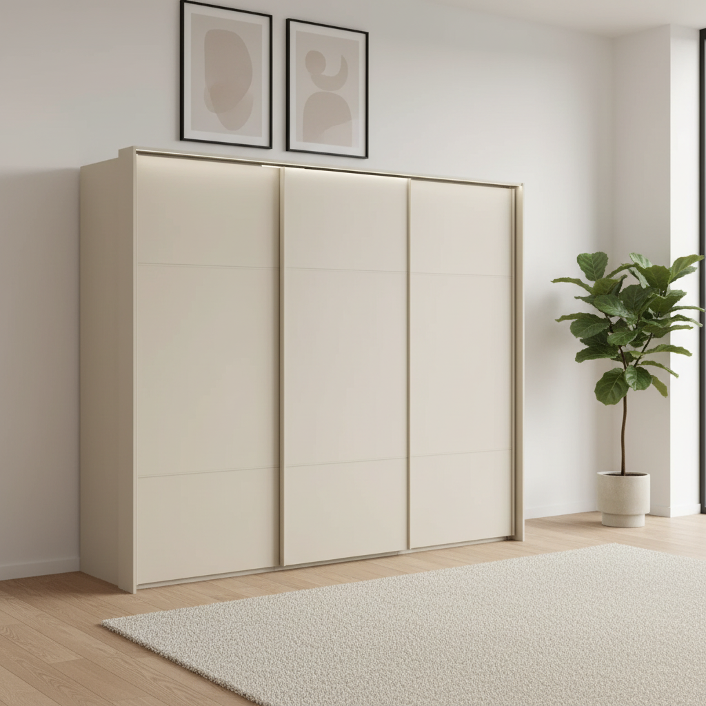 Rauch Heaven 270cm 3 Door Slider Wardrobe with Décor Doors and Lights in Champagne styled in a modern bedroom