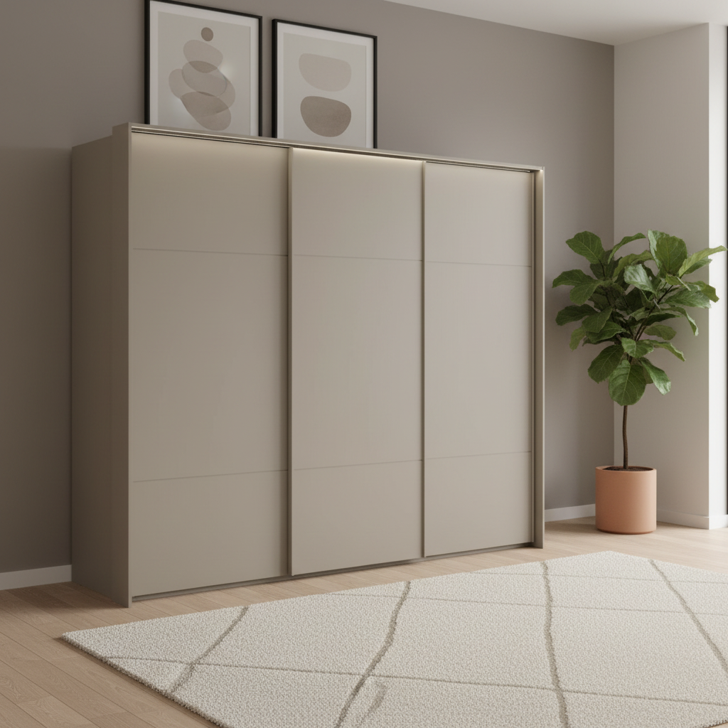 Rauch Heaven 270cm 3 Door Slider Wardrobe with Décor Doors and Lightsin Fango styled in a modern bedroom