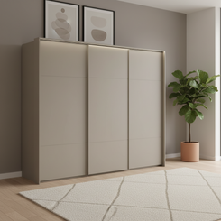 Rauch Heaven 270cm 3 Door Slider Wardrobe with Décor Doors and Lightsin Fango styled in a modern bedroom