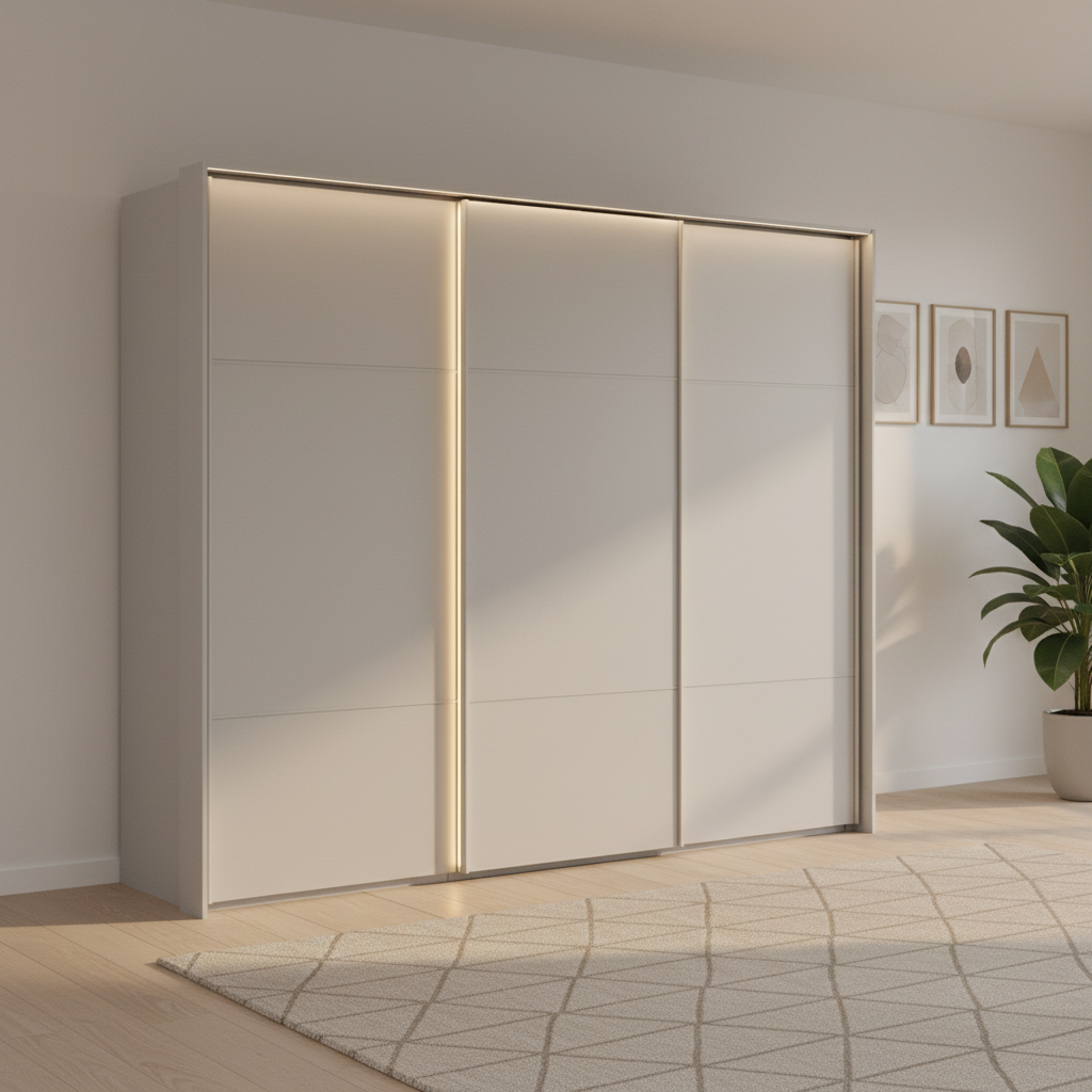 Rauch Heaven 270cm 3 Door Slider Wardrobe with Décor Doors and Lights in Silk Grey styled in a modern bedroom