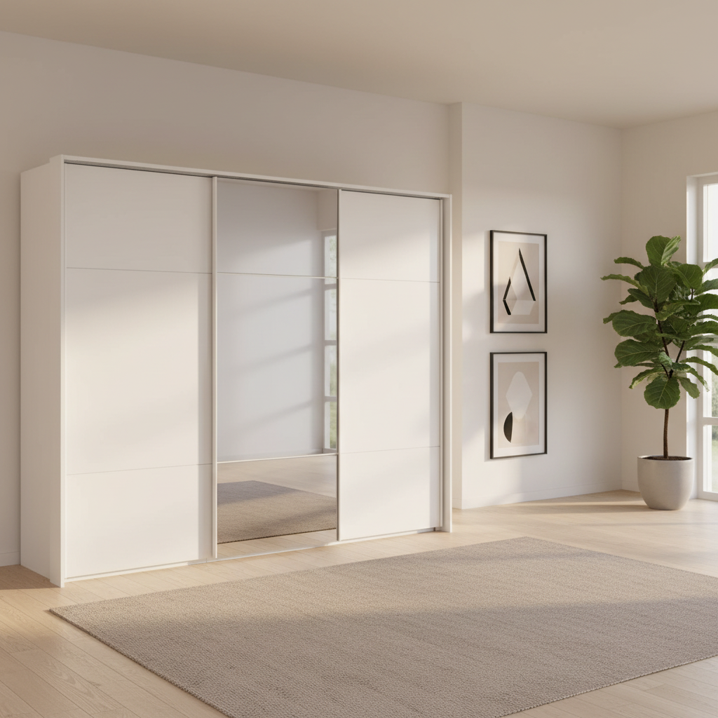 Rauch Heaven 270cm 3 Door Slider Wardrobe with 2 Glass Doors, 1 Mirror Door and Lights in Alpine White styled in a modern bedroom