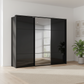 Rauch Heaven 270cm 3 Door Slider Wardrobe with 2 Glass Doors, 1 Mirror Door and Lights in Black styled in a modern bedroom