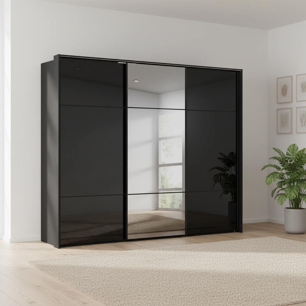 Rauch Heaven 270cm 3 Door Slider Wardrobe with 2 Glass Doors, 1 Mirror Door and Lights in Black styled in a modern bedroom