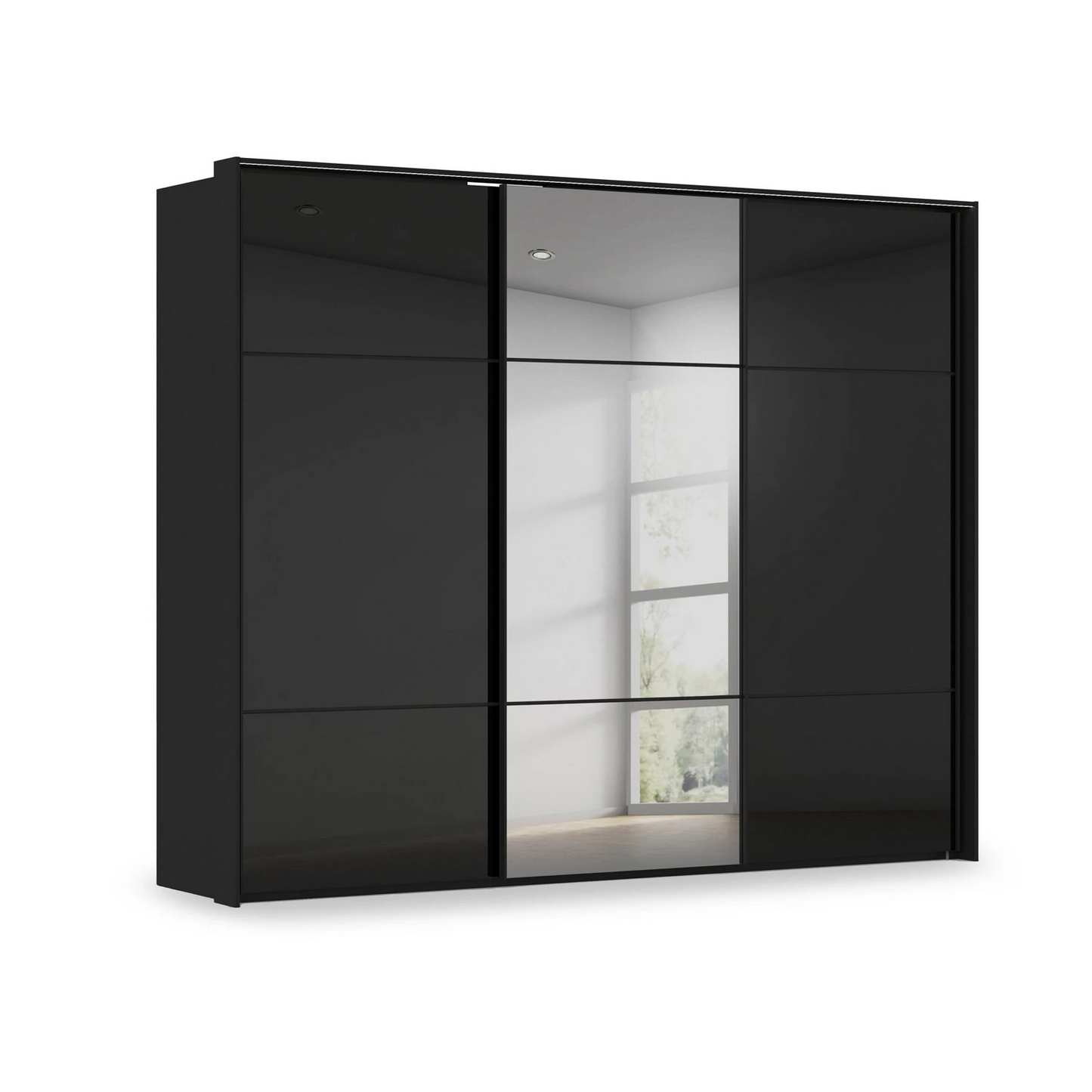 Rauch Heaven 3 Door Slider Wardrobe with 2 Glass Doors, 1 Mirror Door and Lights in Black
