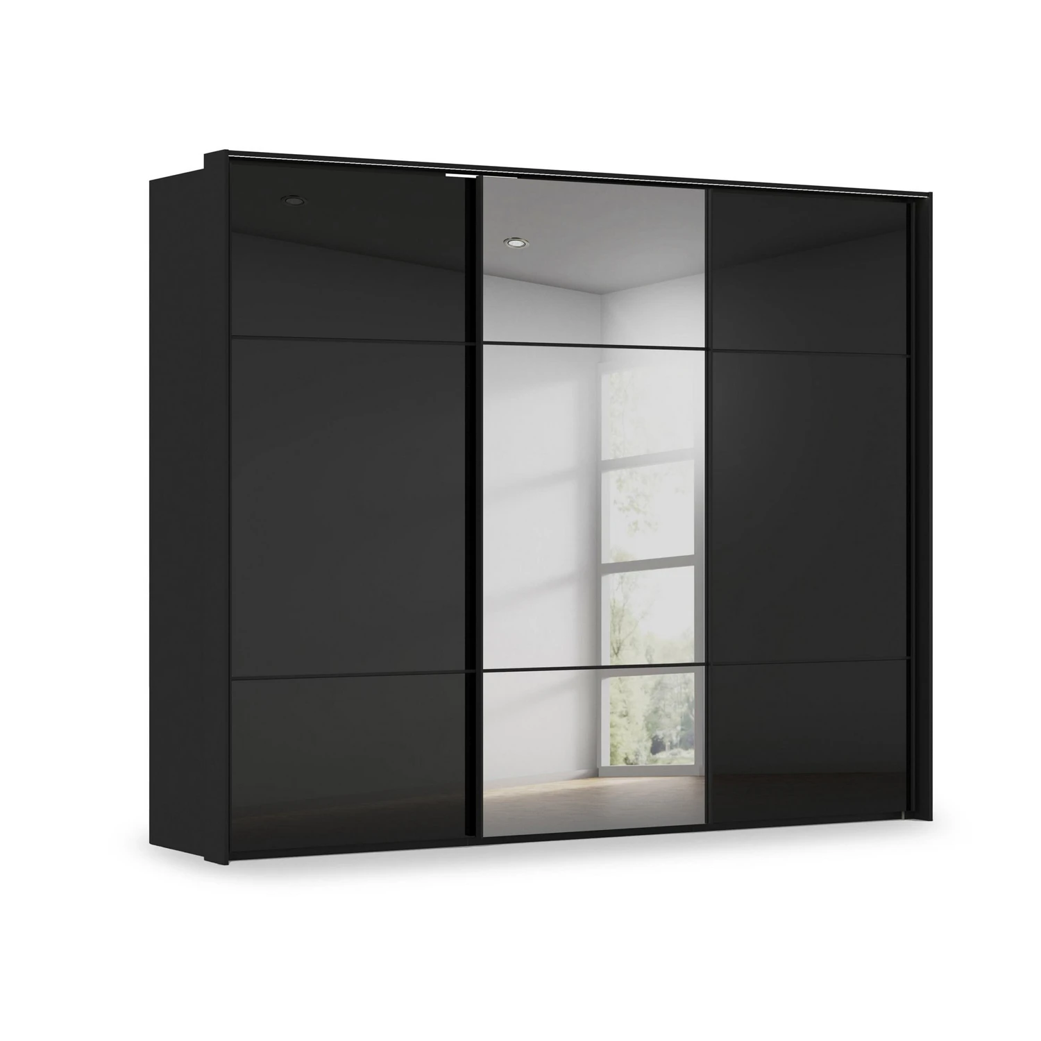 Rauch Heaven 3 Door Slider Wardrobe with 2 Glass Doors, 1 Mirror Door and Lights in Black