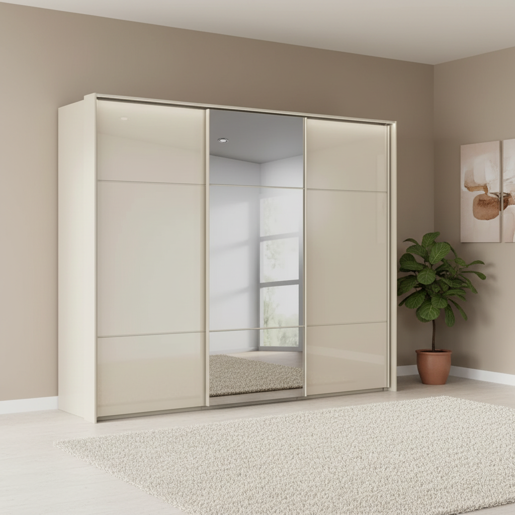 Rauch Heaven 270cm 3 Door Slider Wardrobe with 2 Glass Doors, 1 Mirror Door and Lights in Champagne styled in a modern bedroom